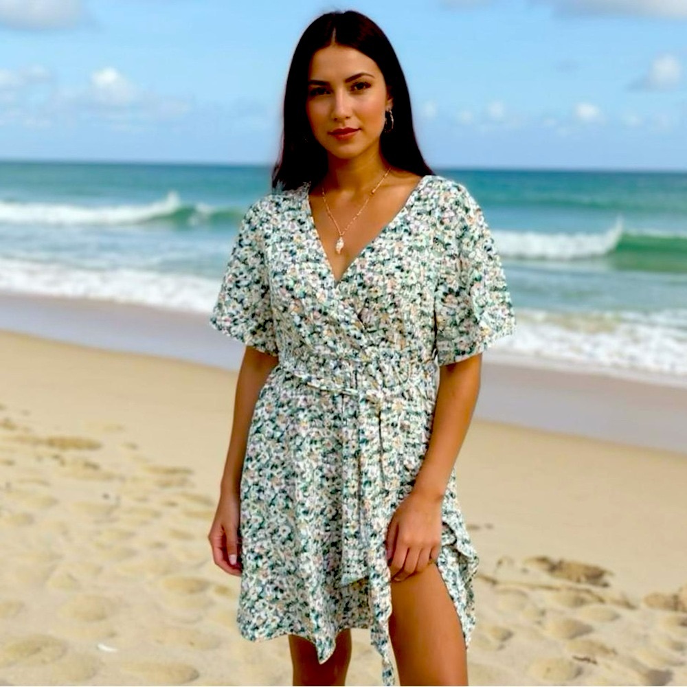 Women’s Casual Floral V Neck Short Sleeve Belted Flare Dress Green White